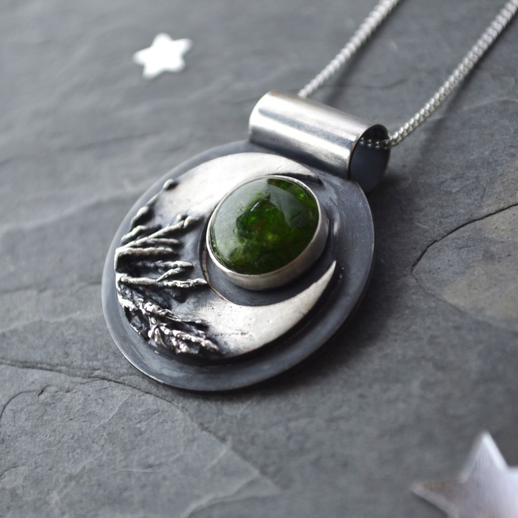 Crescent Moon Necklace, Cedar with Green Chrome Diopside