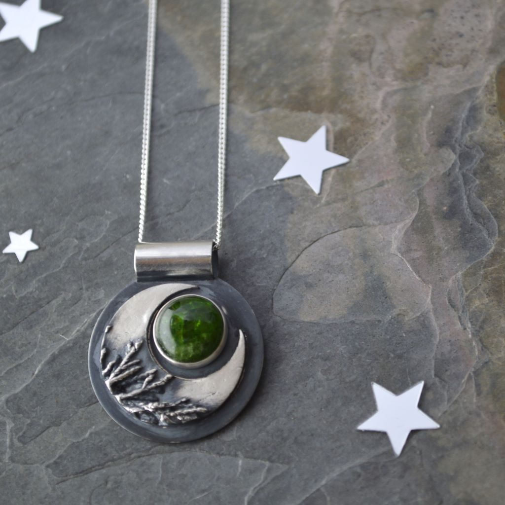 Crescent Moon Necklace, Cedar with Green Chrome Diopside