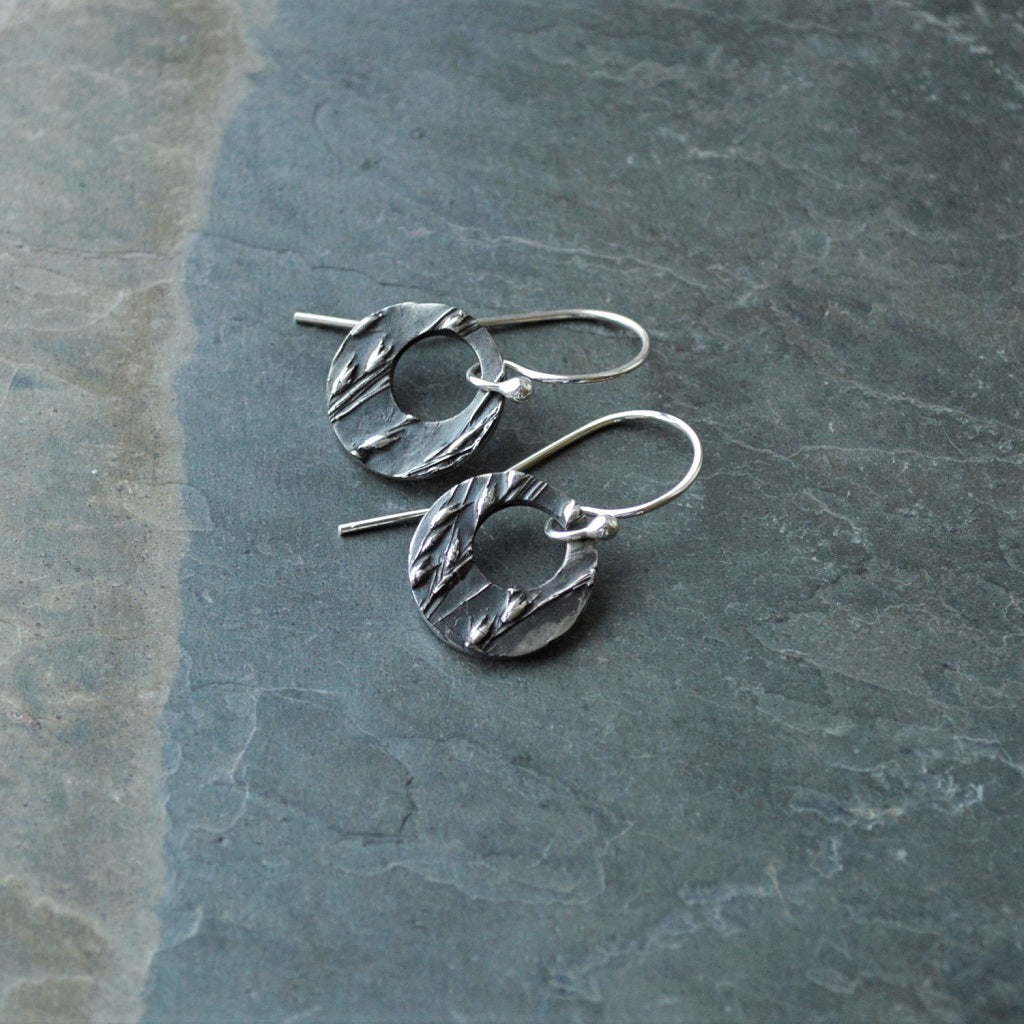 PRE-ORDER - Hoop Earrings in Fine Silver Textured with Prairie Switchgrass - Gayle Dowell