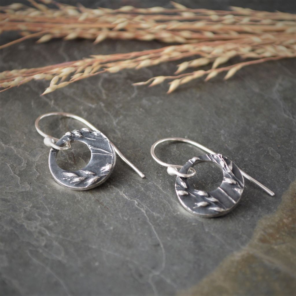 PRE-ORDER - Hoop Earrings in Fine Silver Textured with Prairie Switchgrass - Gayle Dowell