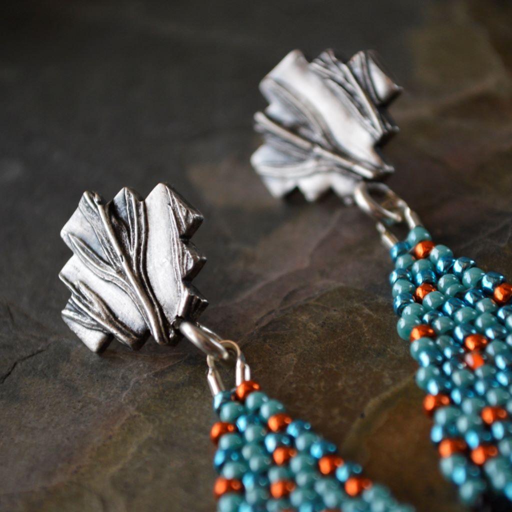 Beaded Fringe Stud Earrings with Blue, Black and Orange Beads - Gayle Dowell