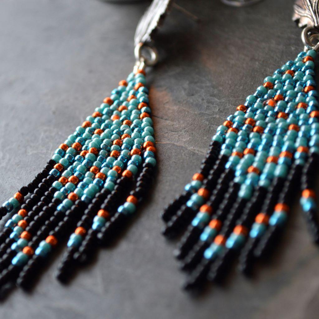 Beaded Fringe Stud Earrings with Blue, Black and Orange Beads - Gayle Dowell