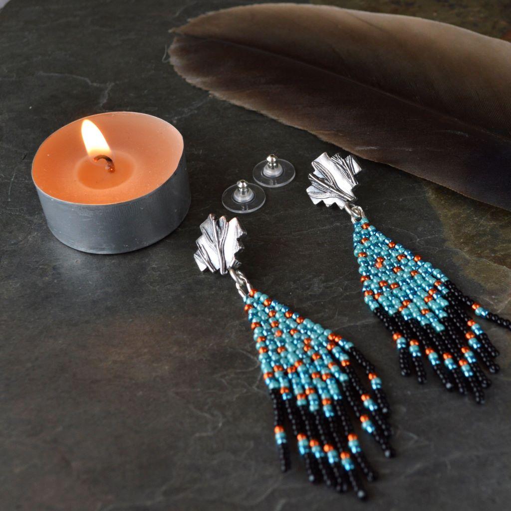 Beaded Fringe Stud Earrings with Blue, Black and Orange Beads - Gayle Dowell