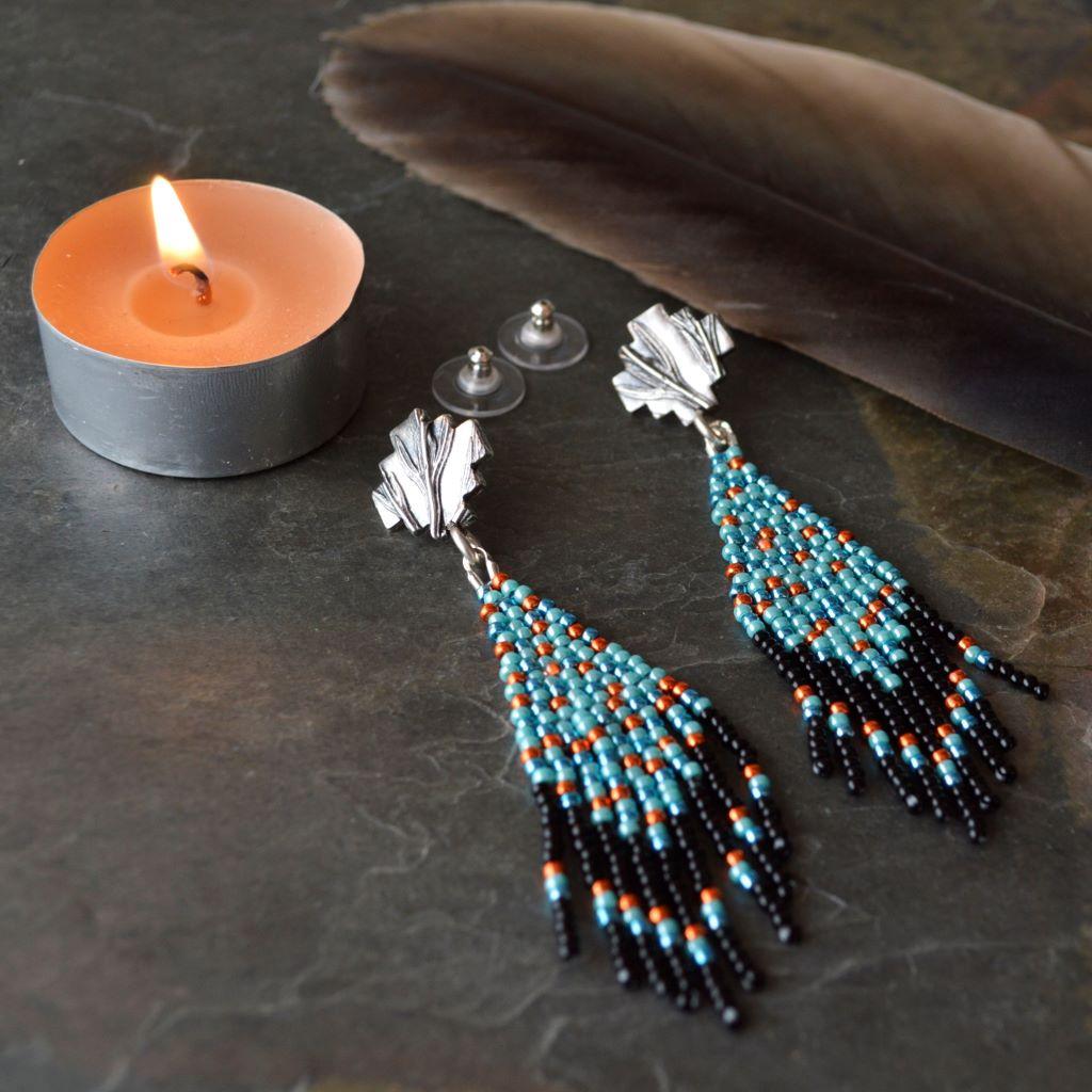 Beaded Fringe Stud Earrings with Blue, Black and Orange Beads - Gayle Dowell