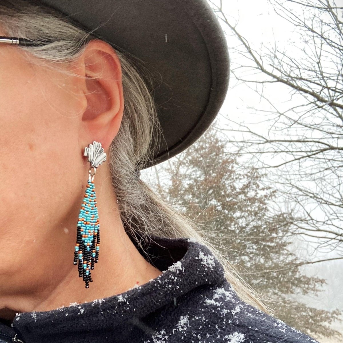 Beaded Fringe Stud Earrings with Blue, Black and Orange Beads - Gayle Dowell
