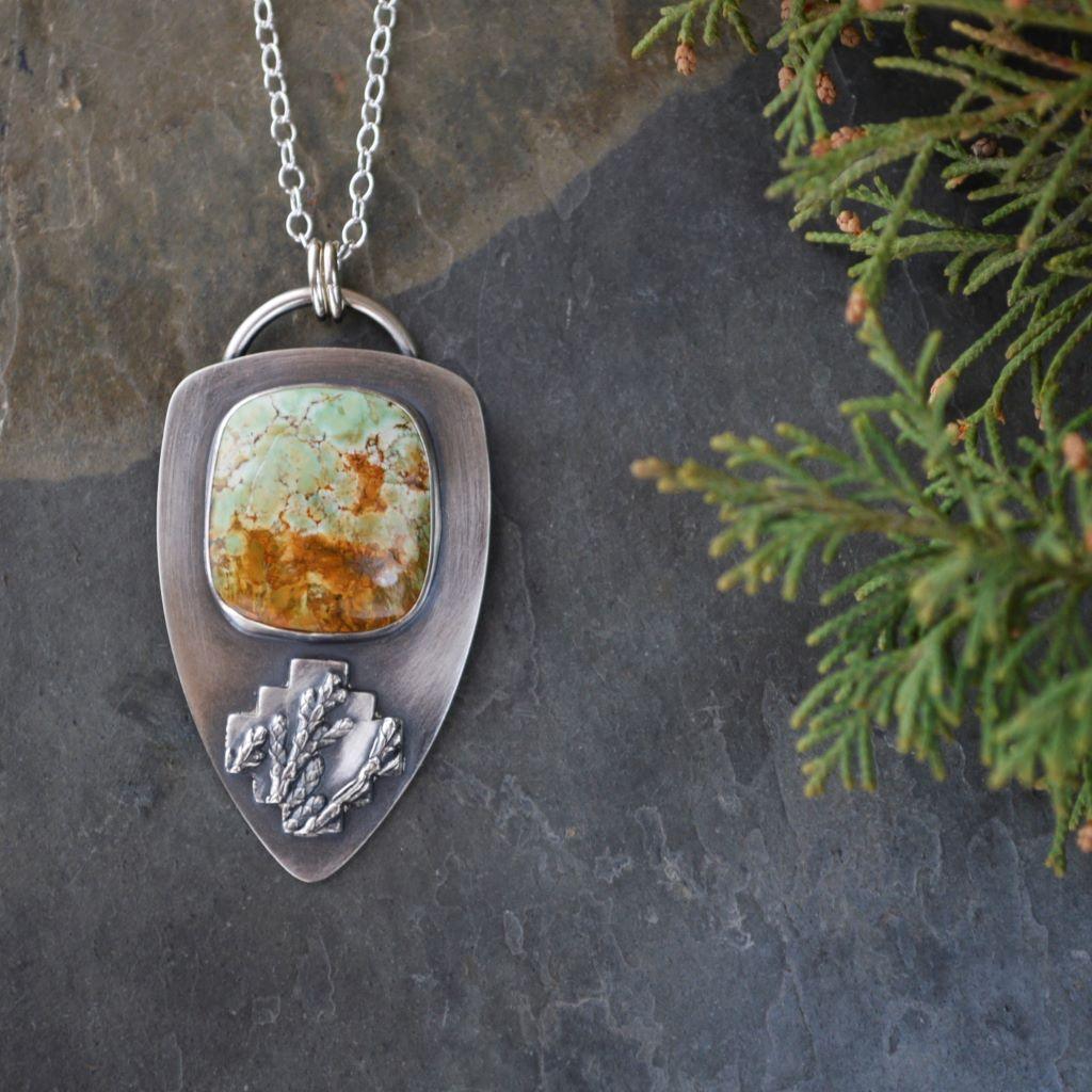 Cedar Cross Necklace with Green and Sunrise Variscite Stone - Gayle Dowell