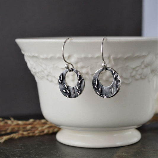 Hoop Earrings in Fine Silver Textured with Prairie Switchgrass - Gayle Dowell