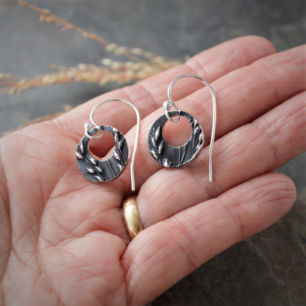 Hoop Earrings in Fine Silver Textured with Prairie Switchgrass - Gayle Dowell