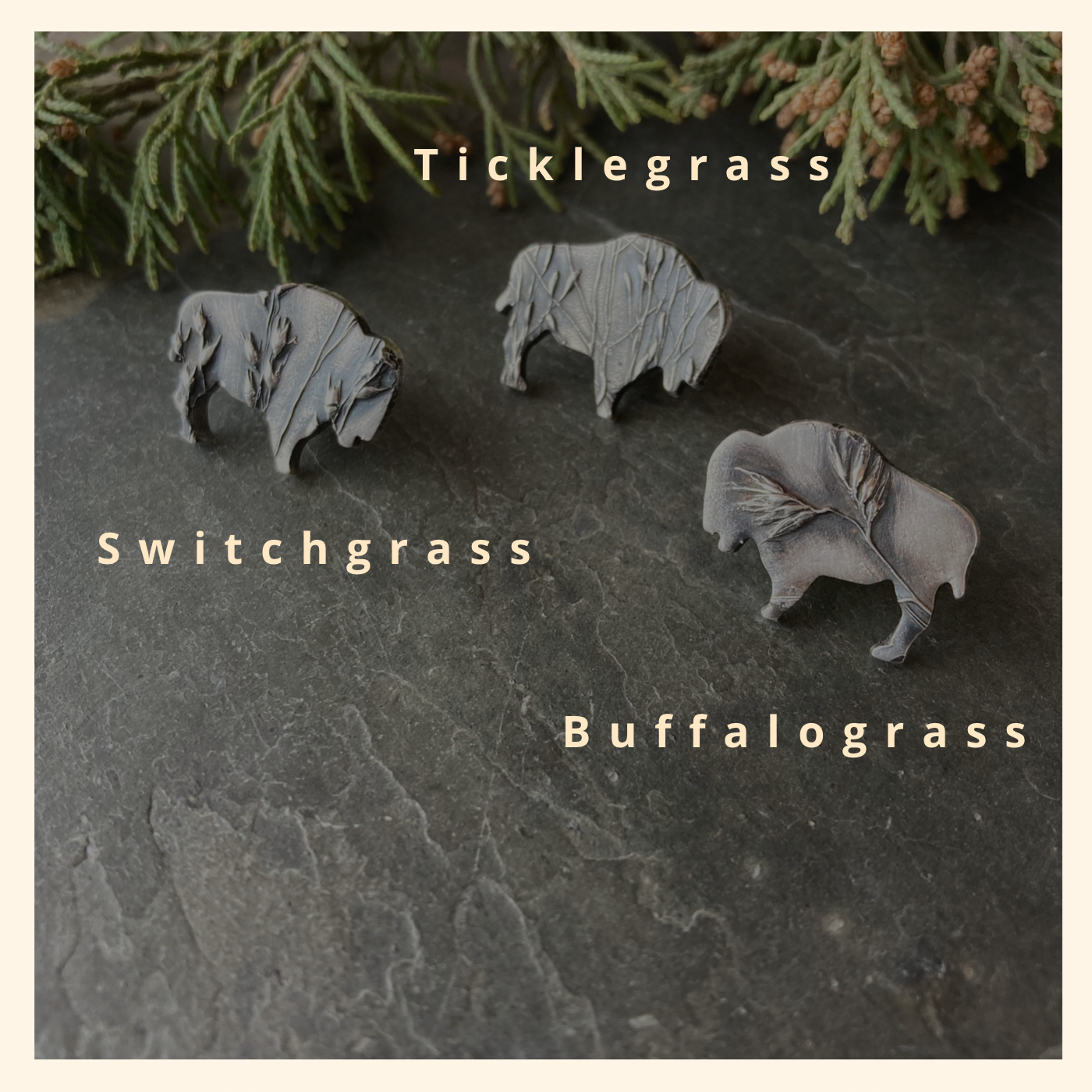 Bison Tie Tacks or Hat Pins, Textured with Prairie Grass