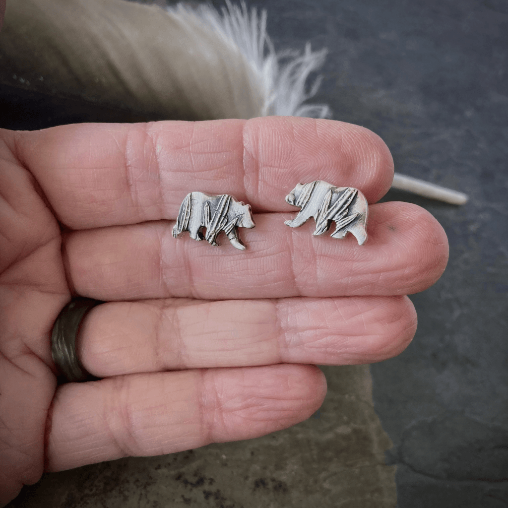 Silver Bear Stud Earrings Textured with Sage - Gayle Dowell