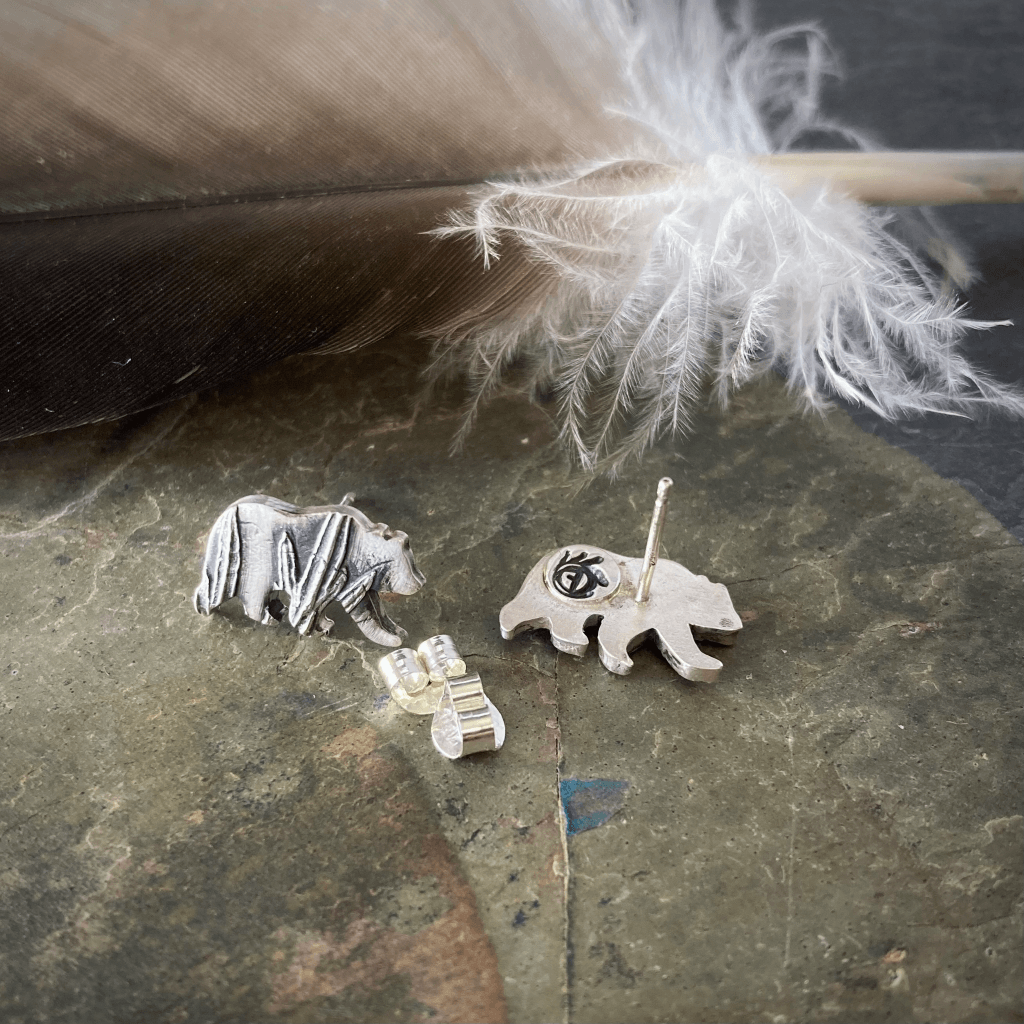 Silver Bear Stud Earrings Textured with Sage - Gayle Dowell